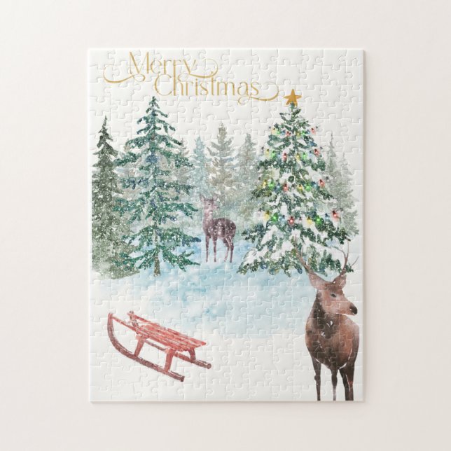 Puzzle de cerf de Noël à l'aquarelle (Vertical)