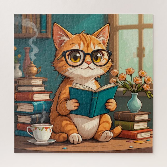 Puzzle de chat lisant un livre, joli cadeau ✨ (Vertical)