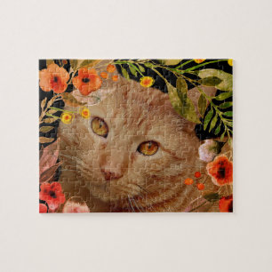 Puzzle de chat tigré orange avec cadre de fleurs