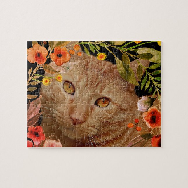 Puzzle de chat tigré orange avec cadre de fleurs (Horizontal)