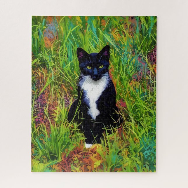 Puzzle de chat Tuxedo noir et blanc Pop Art (Vertical)