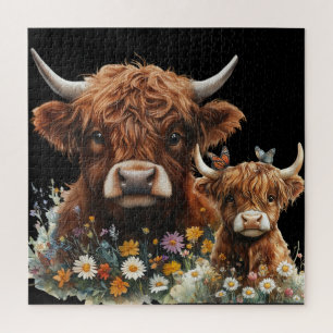 Puzzle de collage floral de vache et de veau de Hi