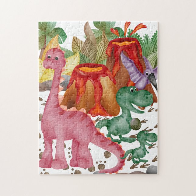 Puzzle de dinosaure mignon et de volcan en éruptio (Vertical)