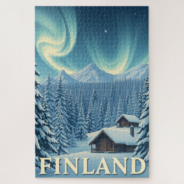 Puzzle de Finlande Aurore Boréale Cabane d'Hiver (Vertical)
