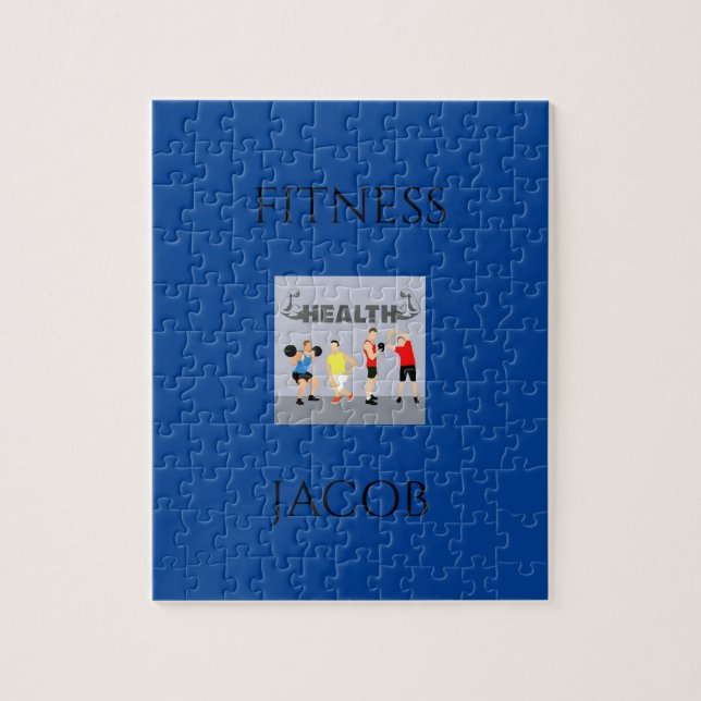 Puzzle de fitness en bleu avec nom personnalisé. (Vertical)