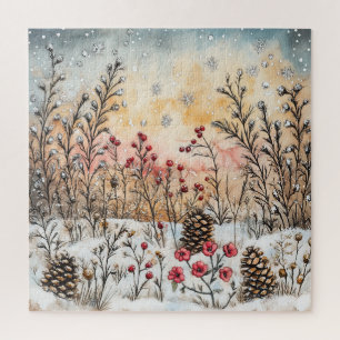 Puzzle de fleurs sauvages d'hiver enneigé