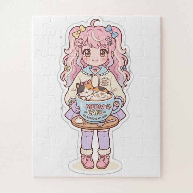Puzzle de Kawaii Neko Cafe Anime Girl Chibi (Vertical)