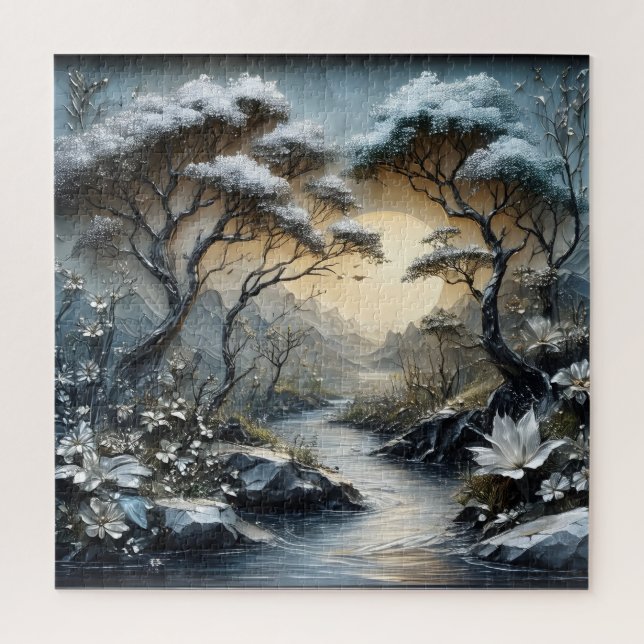 Puzzle de la rivière de la forêt hivernale (Vertical)