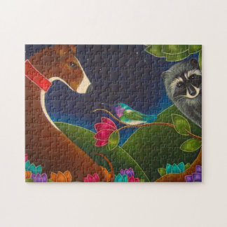 PUZZLE DE LÉVRIER, DE COLIBRI ET DE RATON LAVEUR