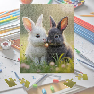 Puzzle De mignons lapins blancs et noirs dans une prairie