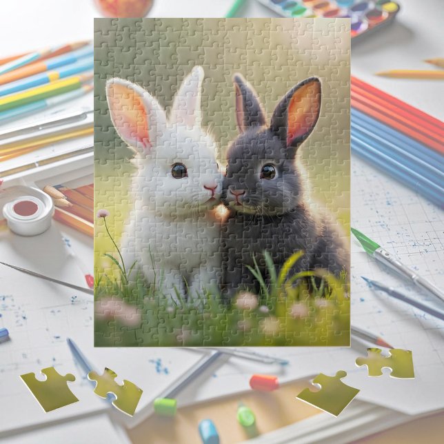 Puzzle De mignons lapins blancs et noirs dans une prairie (Créateur téléchargé)