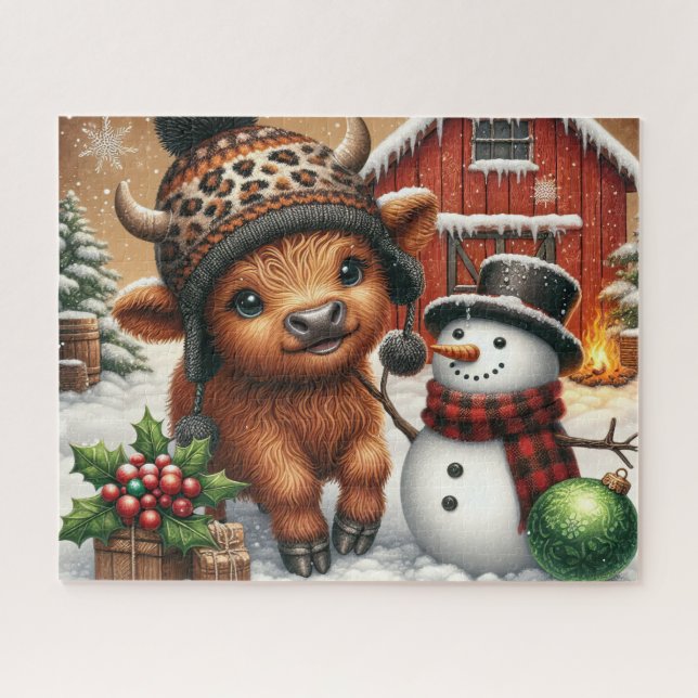 Puzzle de Noël rustique de vache des Highlands (Horizontal)