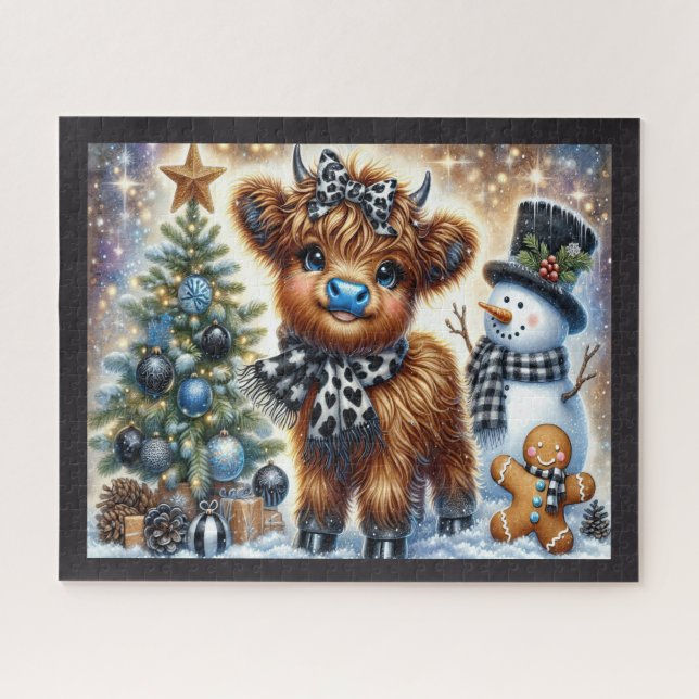 Puzzle de Noël rustique de vache des Highlands (Horizontal)