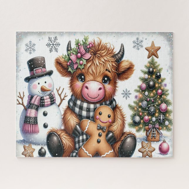 Puzzle de Noël rustique de vache des Highlands (Horizontal)