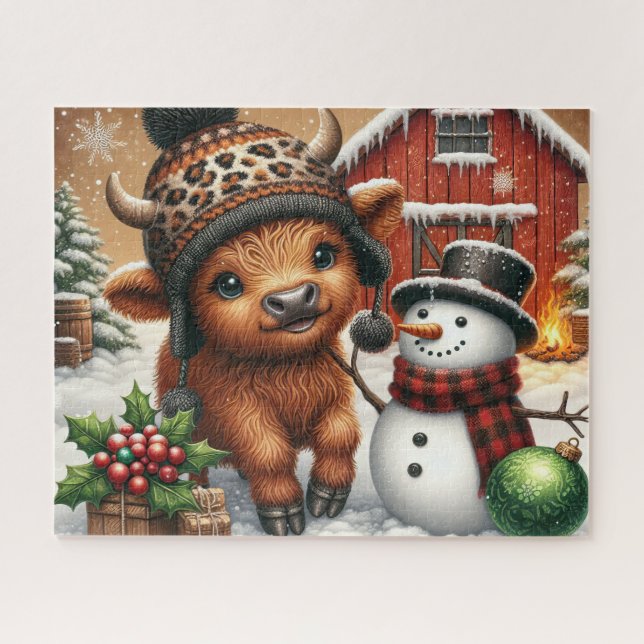 Puzzle de Noël rustique Vache des Highlands (Horizontal)