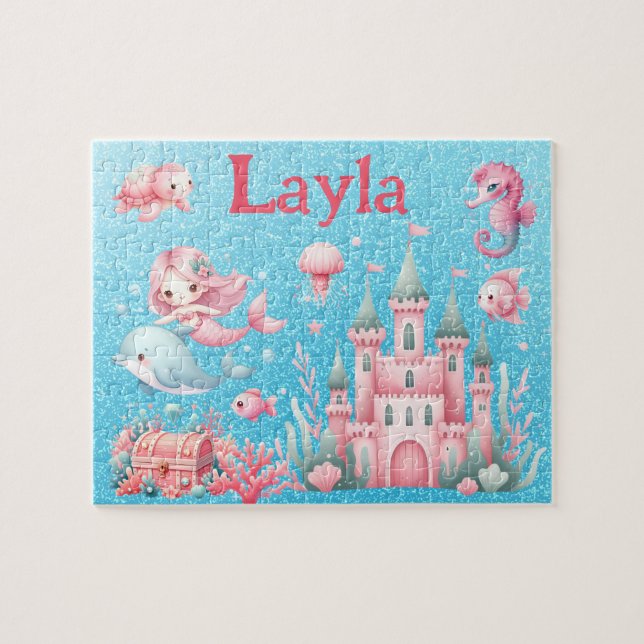 Puzzle de nom d'enfant sirène personnalisé  (Horizontal)
