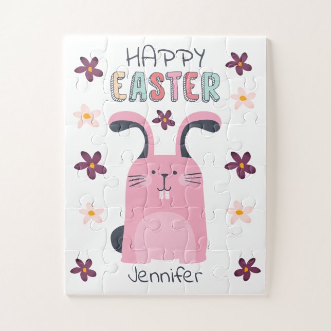 Puzzle de Pâques avec lapin rose et fleurs pour le (Vertical)