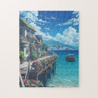 Puzzle de paysage d'un village côtier d'anime – Fl