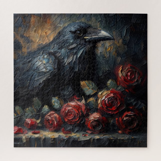 Puzzle de peinture gothique corbeau et roses lunat (Vertical)