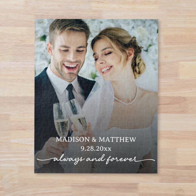 Puzzle de photo de mariage personnalisé (elegant always and forever personalized wedding photo puzzle with custom name and wedding date)