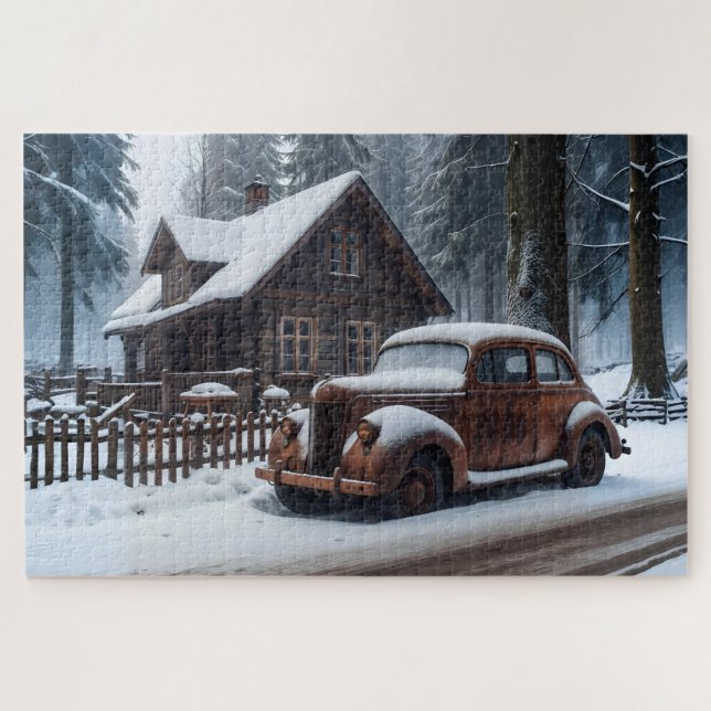 Puzzle de voiture antique d'hiver (Horizontal)