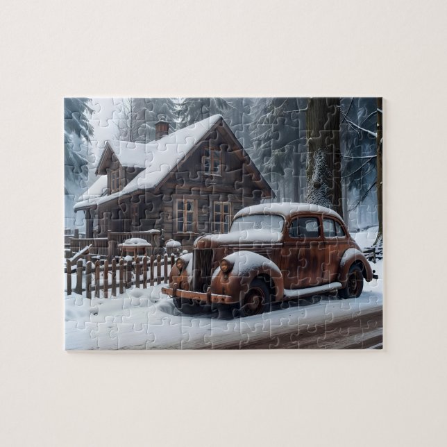 Puzzle de voiture antique d'hiver (Horizontal)