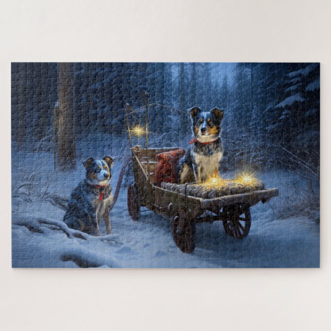 Puzzle Décor de Noël au traîneau enneigé Blue Heeler  (Horizontal)