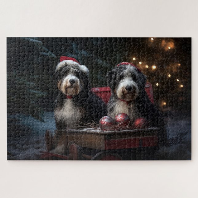 Puzzle Décor de Noël Bernedoodle Snowy Sleigh (Horizontal)