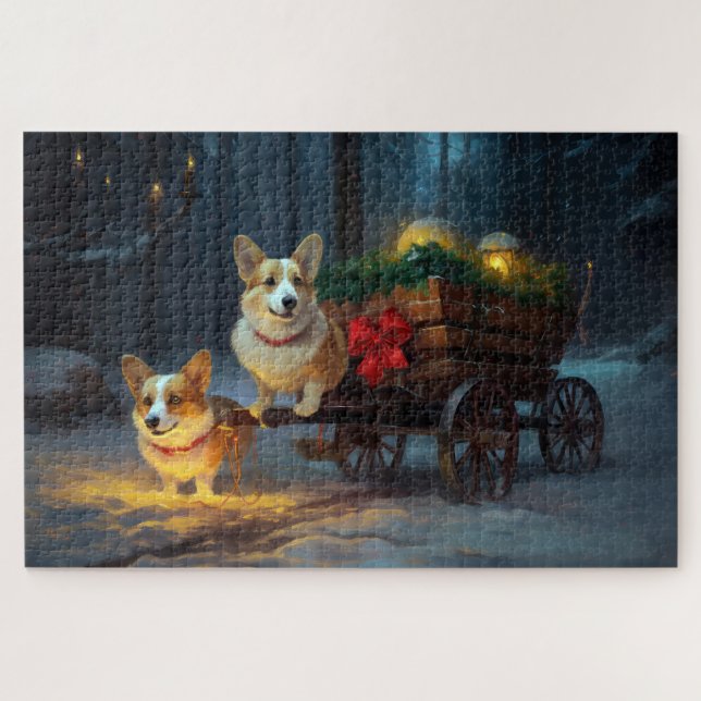 Puzzle Décor de Noël Corgi Snowy Sleigh (Horizontal)