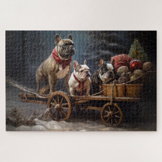Puzzle Décor de Noël de Bulldog Snowy Sleigh (Horizontal)