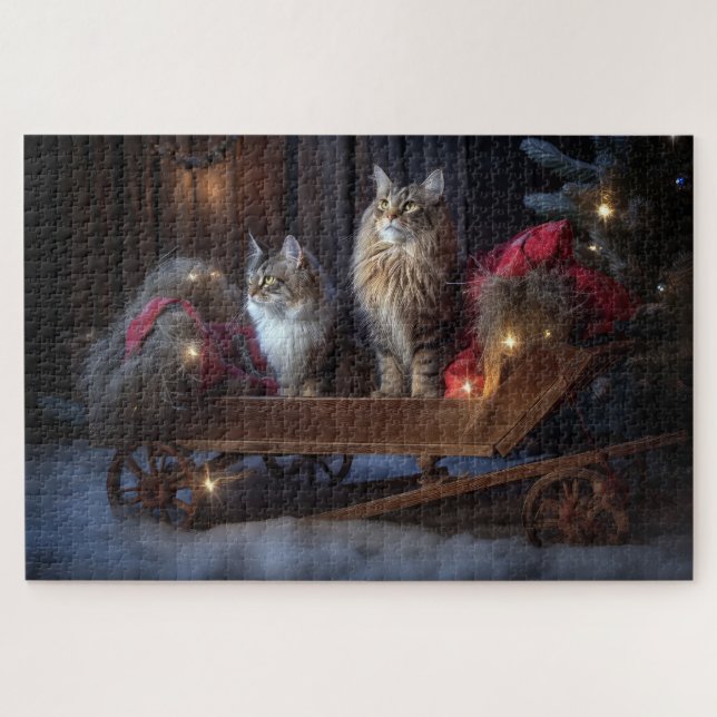 Puzzle Décor de Noël du Maine Coon Snowy Sleigh (Horizontal)
