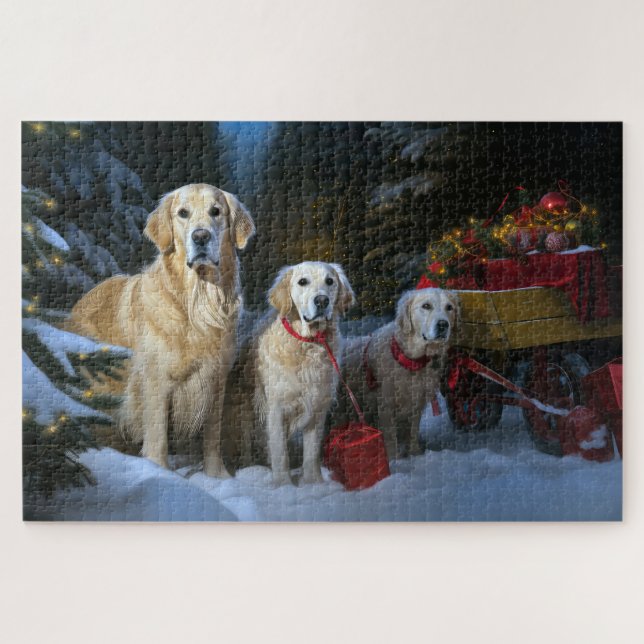 Puzzle Décor de Noël Goldendoodle Snowy Sleigh (Horizontal)