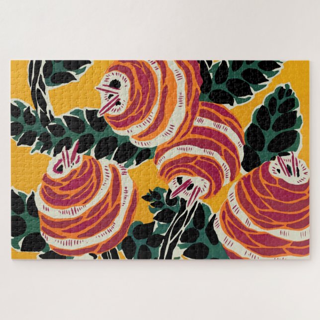 Puzzle Décor floral Art déco jaune moutarde et orange (Horizontal)