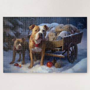 Puzzle Décoration de Noël au traîneau Pitbull enneigé