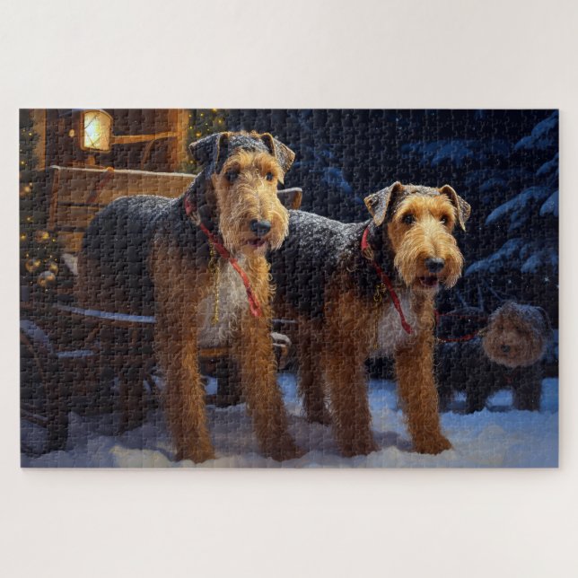 Puzzle Décoration de Noël Traîneau enneigé d'Airedale (Horizontal)