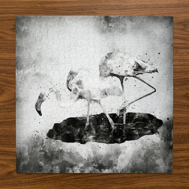 Puzzle Décoration murale aquarelle flamant rose noir et b (Black and White Flamingo Watercolor Wall Art Decor. Jigsaw Puzzle)