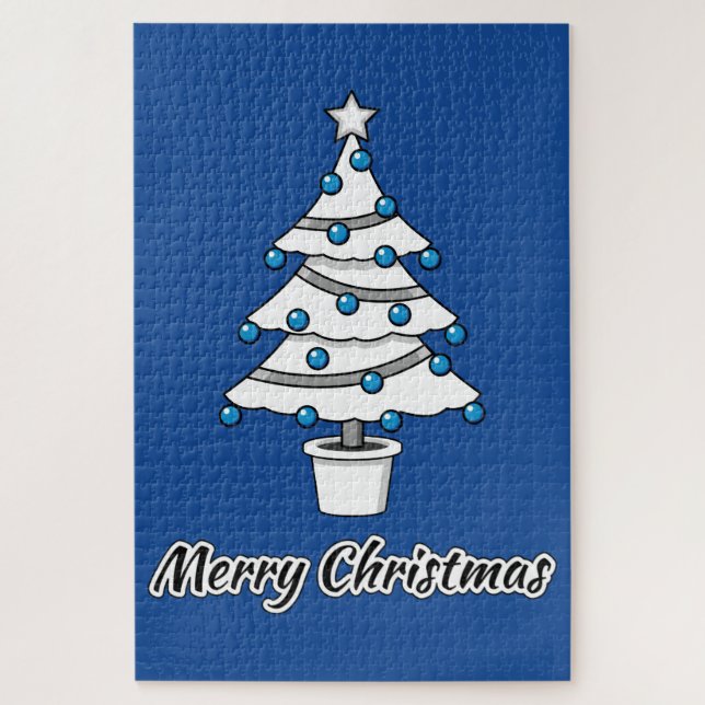 Puzzle Décorations Bleues Arbre de Noël Blanc - Joyeux No (Vertical)