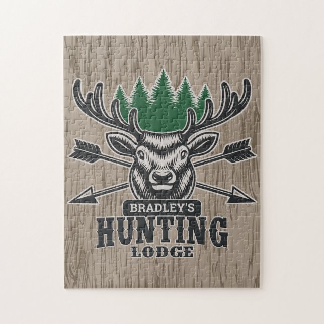 Puzzle Deer Elk Hunter AJOUTER NOM Bow Hunter Lodge Cabin (Vertical)