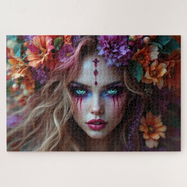 Puzzle Déesse à éléments floraux avec maquillage à fleurs (Horizontal)