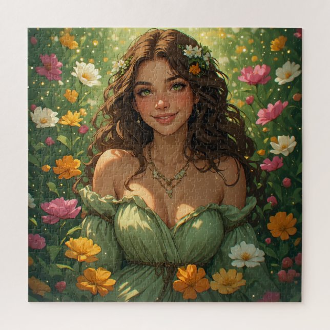 Puzzle Déesse Nymphe de la Nature d'Été en Robe Verte Fle (Vertical)