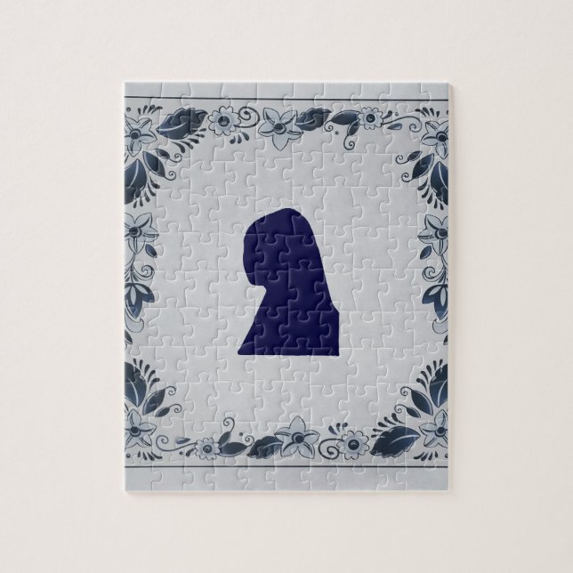 Puzzle Delft en tuile bleue fille avec une oreille perle (Vertical)