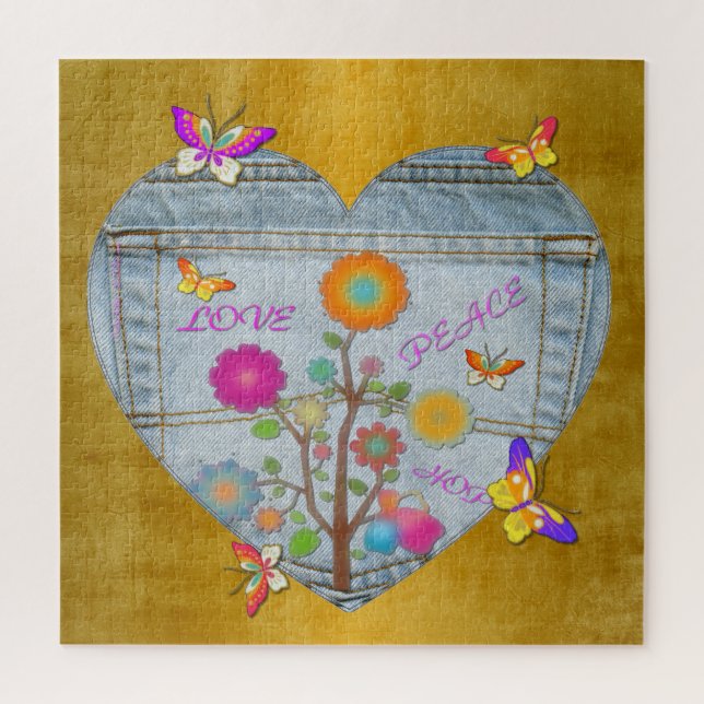 Puzzle Denim Pocket Fleurs cardiaques Papillons (Vertical)