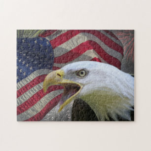 Puzzle denteux d'Eagle, de drapeau et de feux