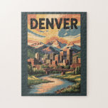 Puzzle Denver Colorado Illustration Sunset Travel Art<br><div class="desc">Design de déplacement vectoriel rétro Denver. Denver,  la capitale du Colorado,  est une métropole américaine datant de l'ère du Vieux-Ouest. Le Larimer Carré,  le plus ancien pâté de maisons de la ville,  possède des bâtiments du XIXe siècle emblématiques.</div>
