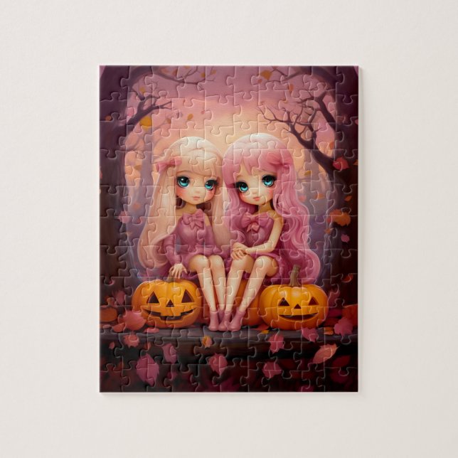 Puzzle Des jumelles roses d'Halloween dans le parc (Vertical)