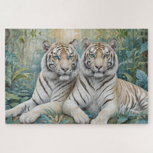 Puzzle Des tigres d'or pâles dans une jungle bleue verte