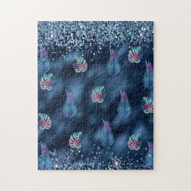 Puzzle Design bleu foncé avec Feuilles turquoise et rose (Vertical)