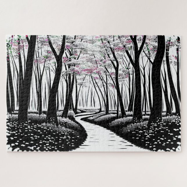Puzzle Dessin Abstrait Silhouette Arbres avec pourpre (Horizontal)