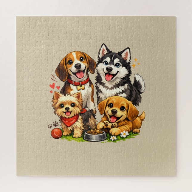 Puzzle Dessin animé de l'équipe de chiots heureux (Vertical)