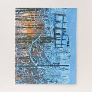 Puzzle Dessin d'un paysage d'hiver au coucher du soleil